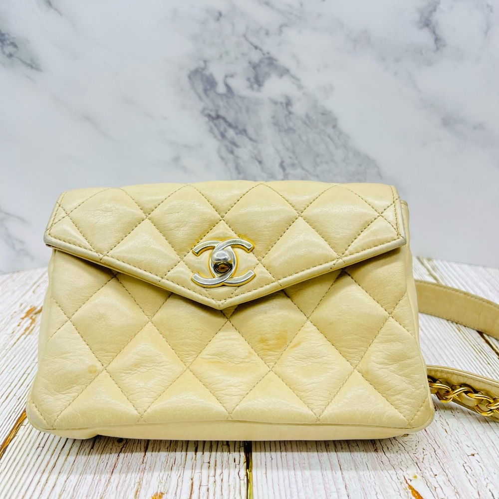 CHANEL Vintage Beige Waist Pouch Authentic Belt Bag 24K Gold CC Turn Lock